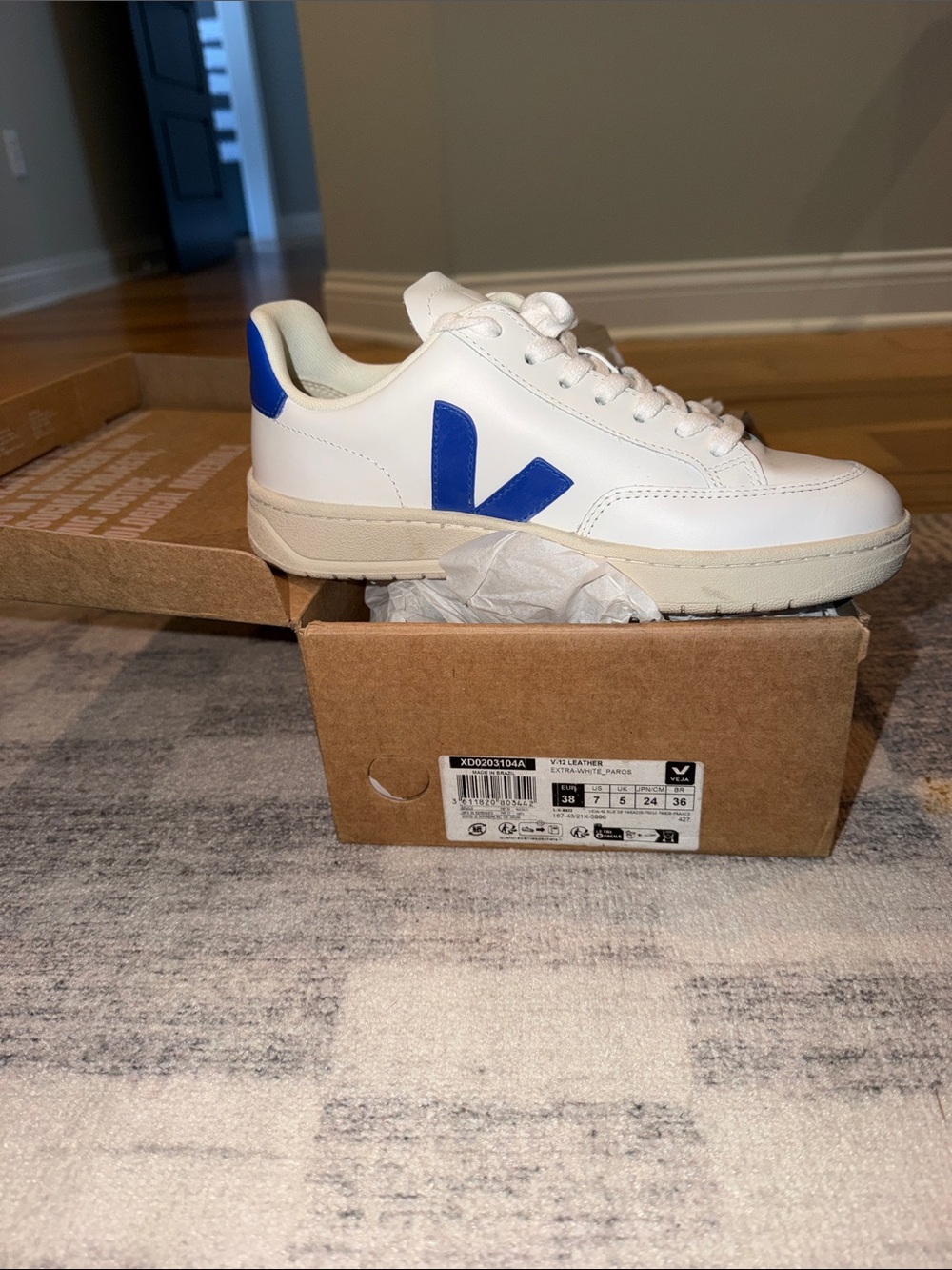 Veja White Leather Women Sneakers with Blue V Detail